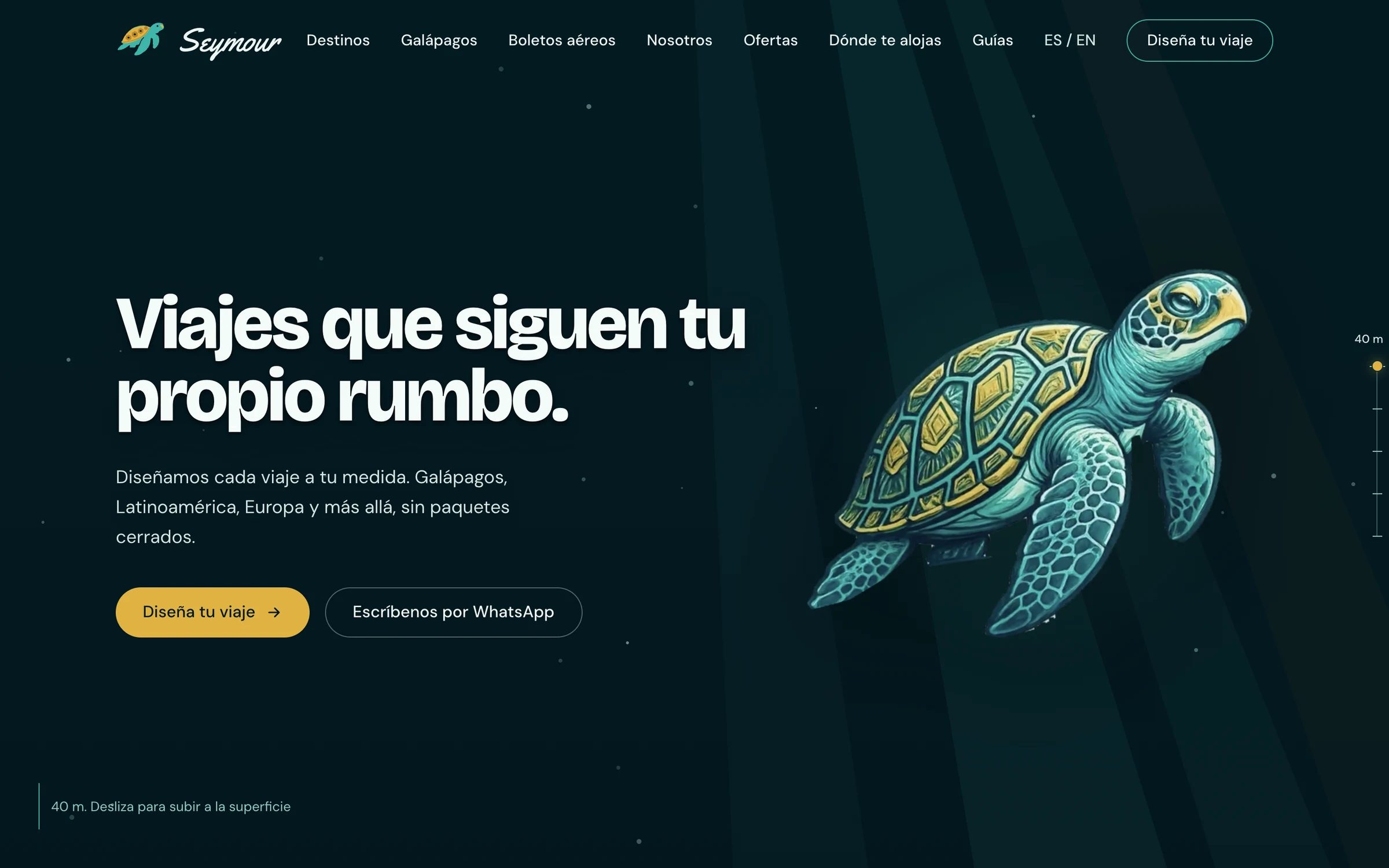 Seymour Travel home page on desktop, in Spanish: the headline "Viajes que siguen tu propio rumbo", an illustrated sea turtle and the buttons to design a trip or message on WhatsApp.