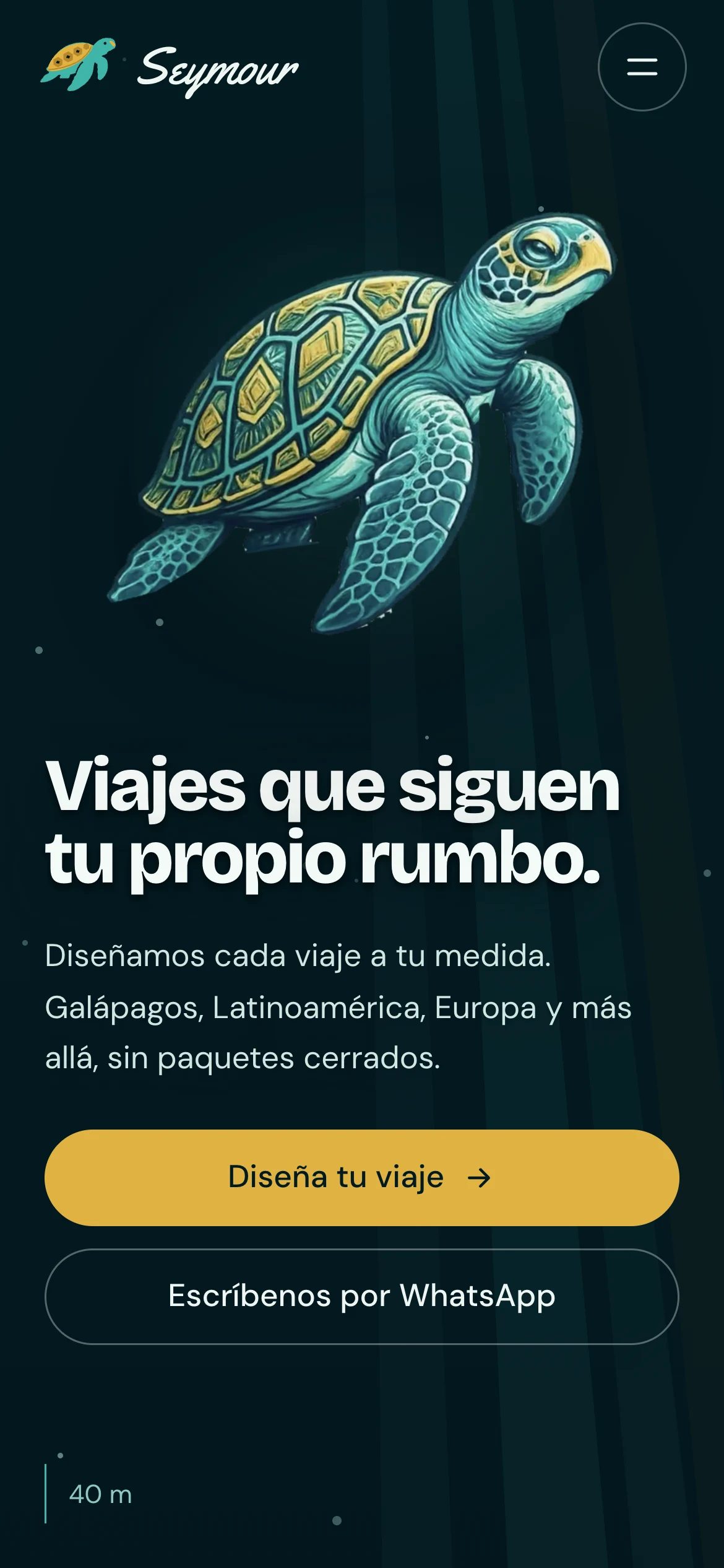 Seymour Travel home page on a phone, in Spanish, with the illustrated sea turtle, the headline and two stacked buttons.