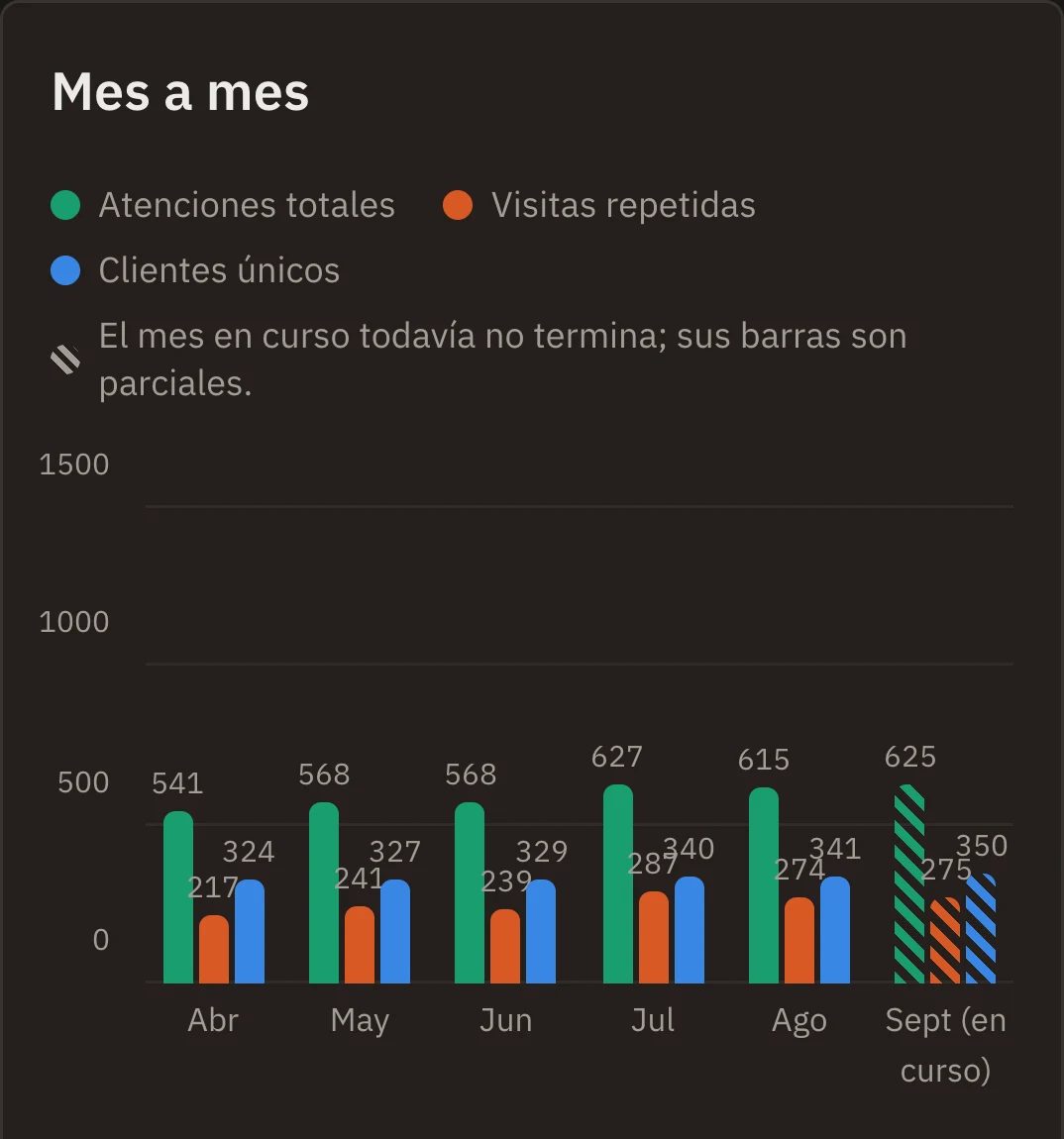 Vikoma's month-by-month bar chart with total visits, repeat visits and unique clients; the current month's bars are hatched.